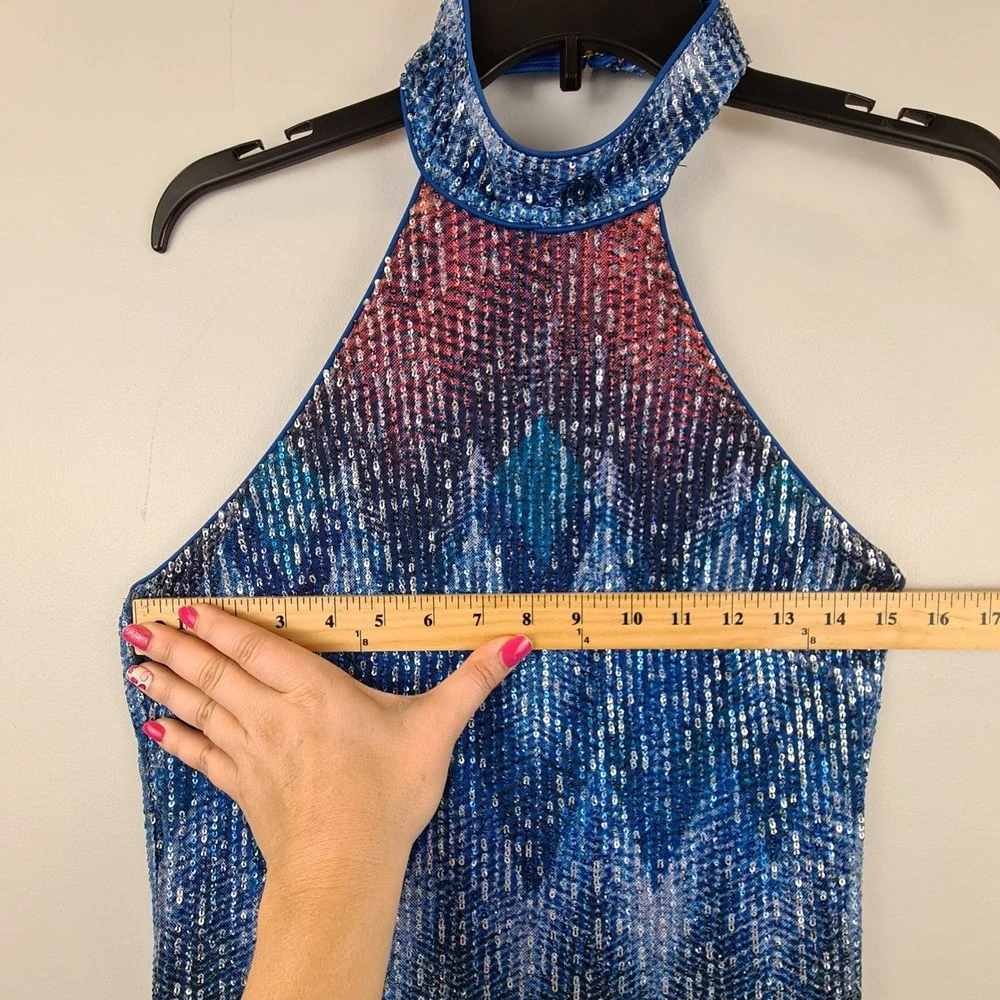Ramy Brook Blue Multicolor Sequin Halter Midi Dress Size 6 Geometric Glam Slit - Picture 4 of 13